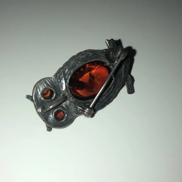 Owl Brooch or Necklace Pendant Silver with Amber - Picture 2 of 5